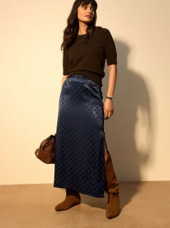 Bleu marine - Jupe en satin jacquard à pois