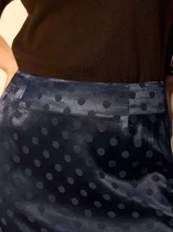 Bleu marine - Jupe en satin jacquard à pois
