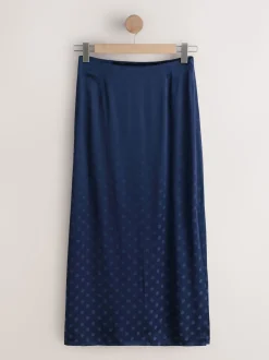 Bleu marine - Jupe en satin jacquard à pois