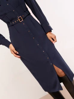 Bleu marine - Lipsy Robe chemise mi-longue boutonnée ceinturée à col mao