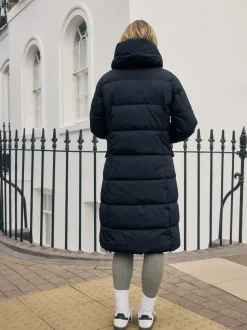 Bleu marine - Manteau long matelassé à capuche résistant à la douche