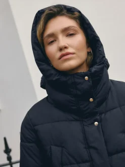 Bleu marine - Manteau long matelassé à capuche résistant à la douche