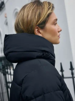 Bleu marine - Manteau long matelassé à capuche résistant à la douche