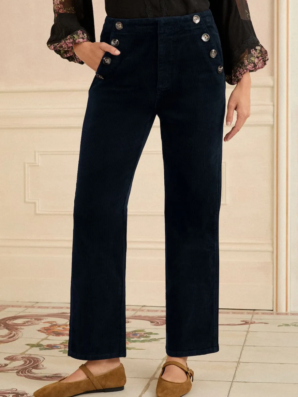 Bleu marine - Pantalon droit Love & Roses en velours côtelé