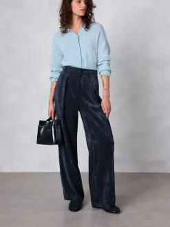 Bleu marine - Pantalon large en velours côtelé