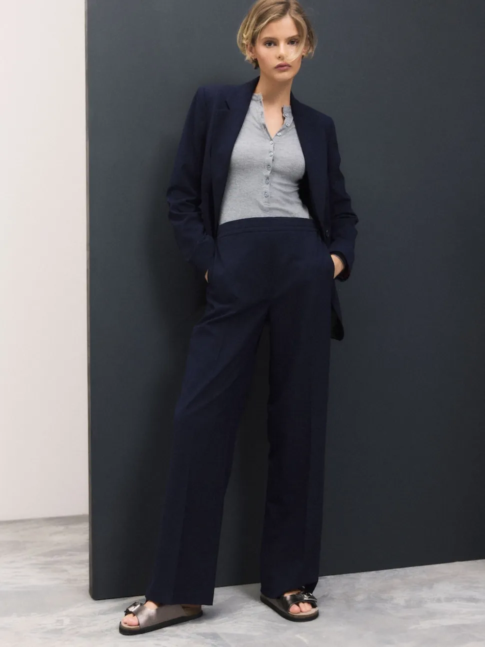 Bleu marine - Pantalons Amples habillés en laine