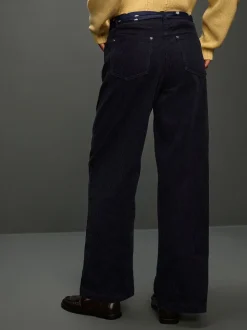 Bleu marine - Pantalons en velours côtelé à jambe large avec écharpe