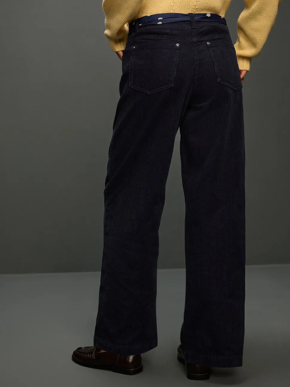 Bleu marine - Pantalons en velours côtelé à jambe large avec écharpe
