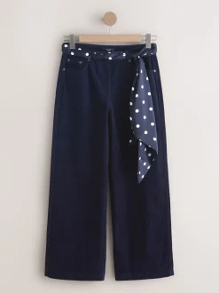 Bleu marine - Pantalons en velours côtelé à jambe large avec écharpe