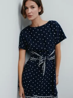 Bleu marine à poi - Robe mini-robe à taille nouée