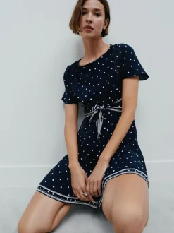 Bleu marine à poi - Robe mini-robe à taille nouée