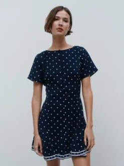 Bleu marine à poi - Robe mini-robe à taille nouée