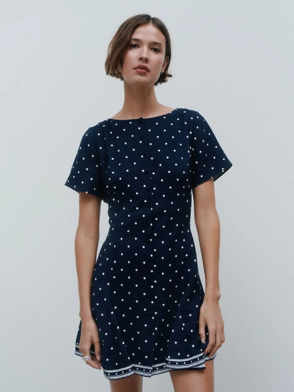 Bleu marine à poi - Robe mini-robe à taille nouée