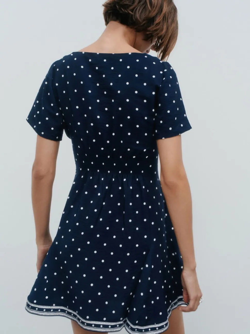 Bleu marine à poi - Robe mini-robe à taille nouée