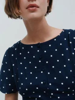 Bleu marine à poi - Robe mini-robe à taille nouée