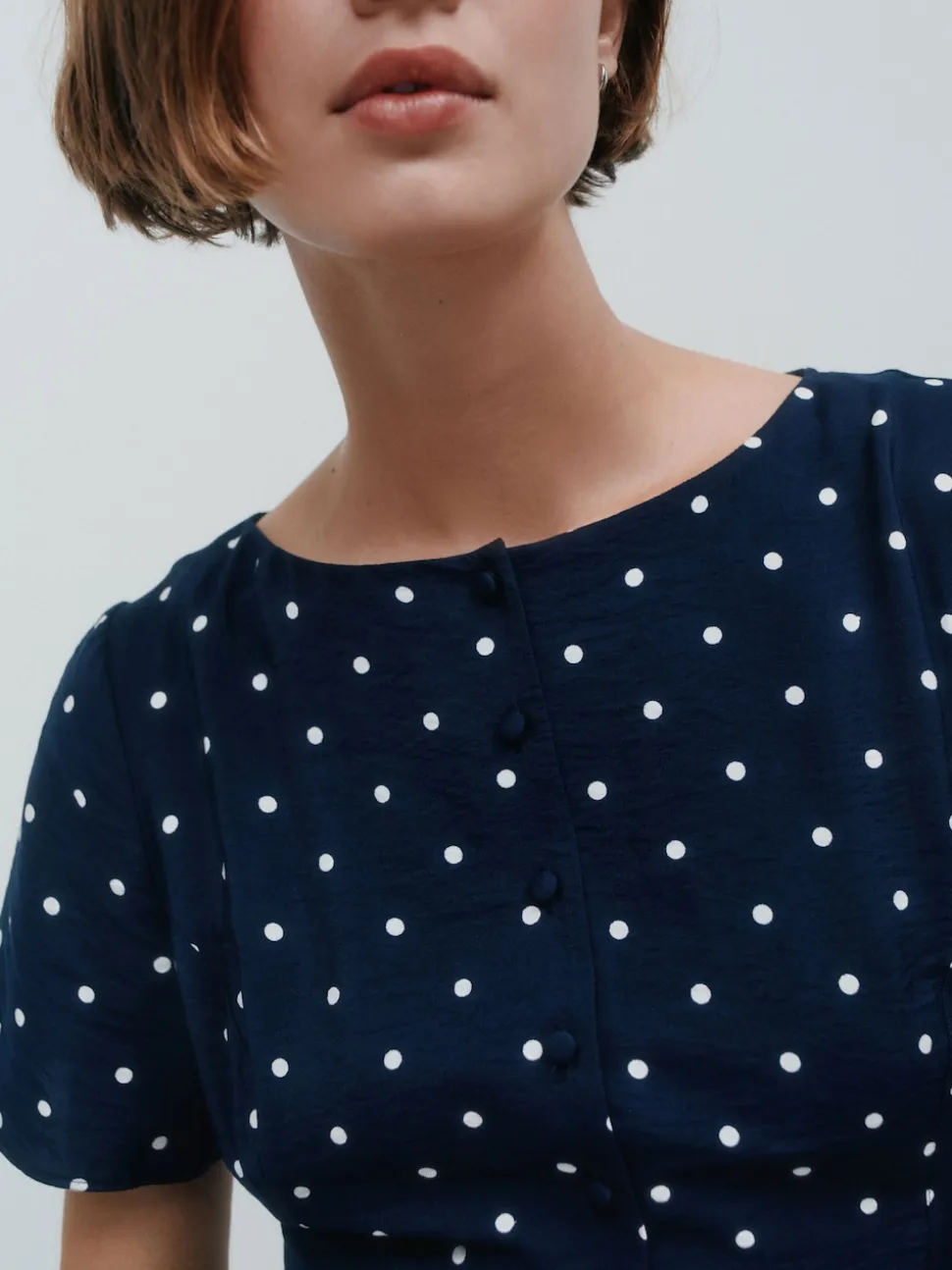 Bleu marine à poi - Robe mini-robe à taille nouée