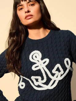 Bleu marine - Pulls en maille à l’ancre en Blend de Coton avec détail en corde