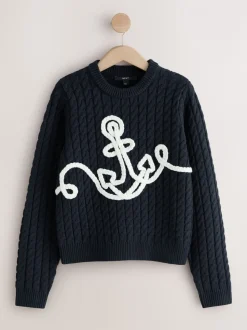 Bleu marine - Pulls en maille à l’ancre en Blend de Coton avec détail en corde