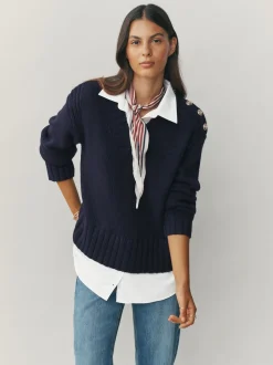 Bleu marine - Pulls look superposé en maille à col en V avec chemise