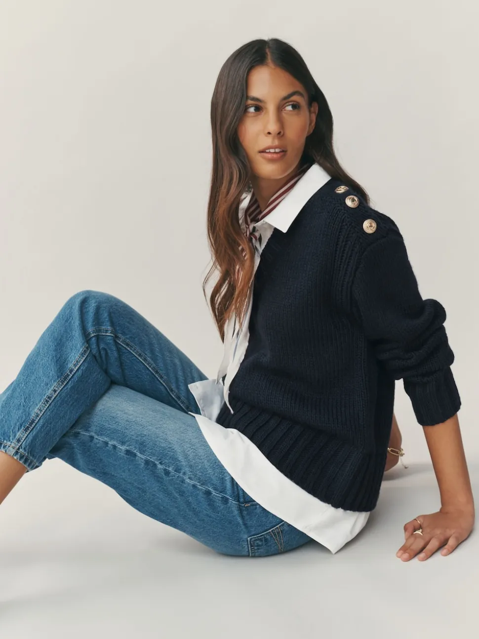 Bleu marine - Pulls look superposé en maille à col en V avec chemise