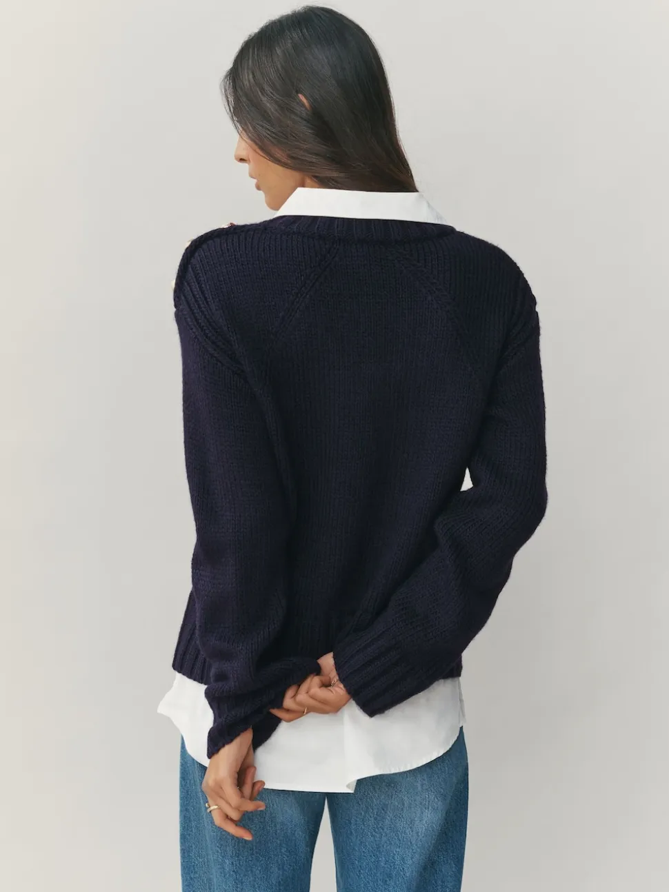Bleu marine - Pulls look superposé en maille à col en V avec chemise