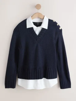 Bleu marine - Pulls look superposé en maille à col en V avec chemise