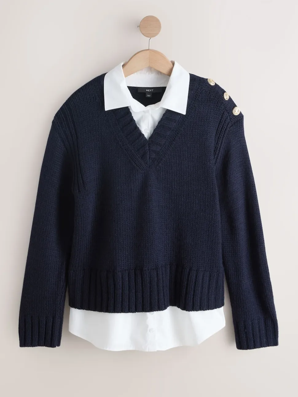 Bleu marine - Pulls look superposé en maille à col en V avec chemise