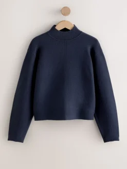 Bleu marine - Pulls ultra-doux à Col montant avec coutures
