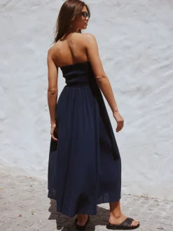 Bleu marine - Robe bandeau froncée Mi-long en lin