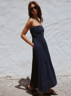 Bleu marine - Robe bandeau froncée Mi-long en lin