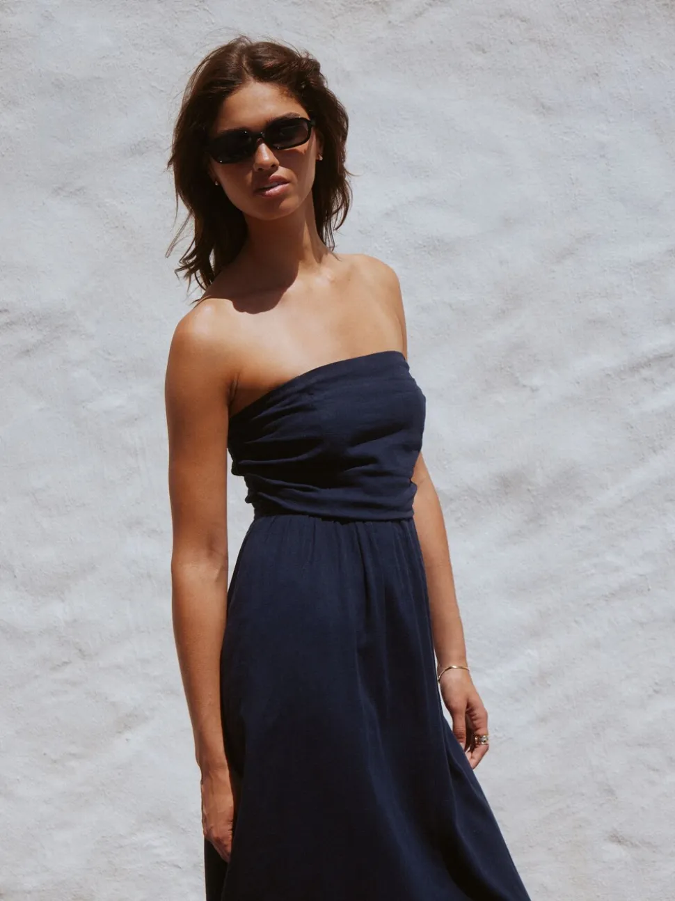 Bleu marine - Robe bandeau froncée Mi-long en lin