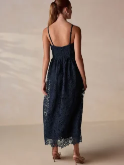 Bleu marine - Robe Bandeau mi-longue en dentelle