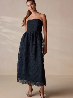 Bleu marine - Robe Bandeau mi-longue en dentelle