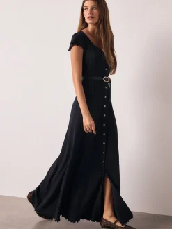 Bleu marine - Robe longue boutonnée en jersey à manches courtes