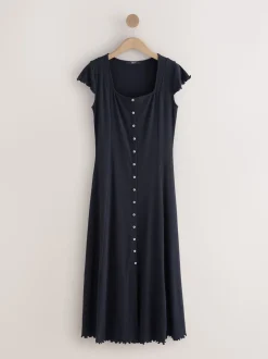 Bleu marine - Robe longue boutonnée en jersey à manches courtes