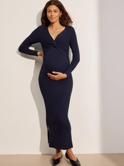 Bleu marine - Robe pull de grossesse en maille torsadée sur le devant