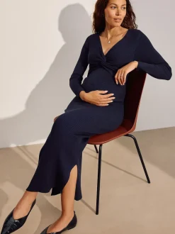 Bleu marine - Robe pull de grossesse en maille torsadée sur le devant