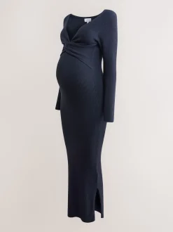 Bleu marine - Robe pull de grossesse en maille torsadée sur le devant