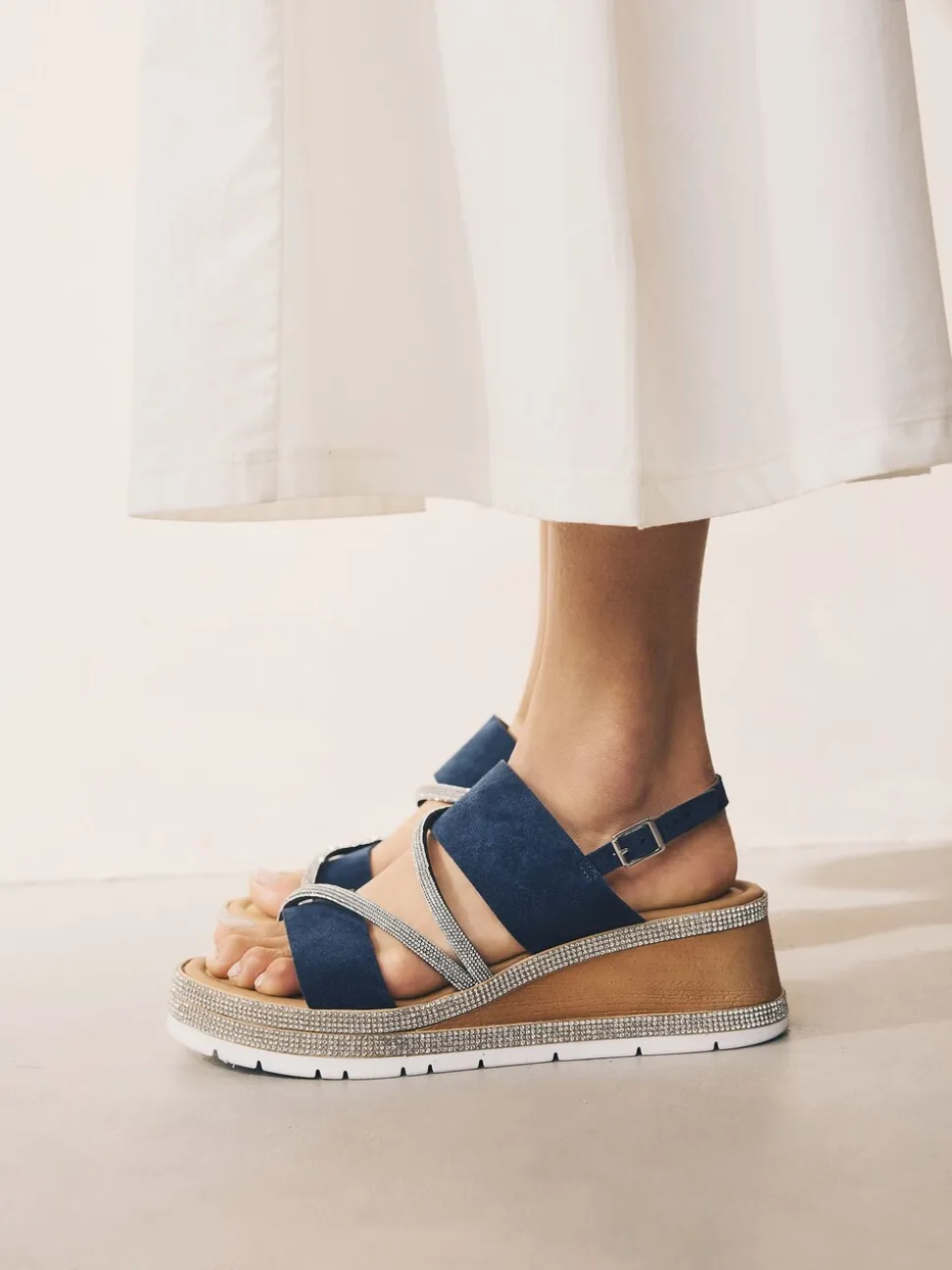 Bleu marine - Sandales compensées de sport à bride arrière en cuir