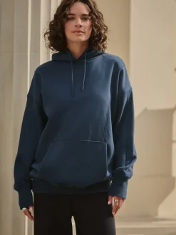 Bleu marine - Sweat-shirt à capuche long actif à coutures apparentes ultra-doux avec poches