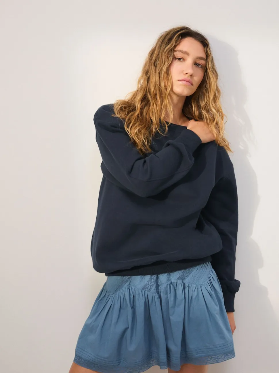 Bleu marine - Sweat-shirt long Essentiels coupe décontractée avec poches