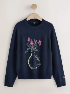 Bleu marine fleuri avec ornements - Pull super doux à manches longues à col rond