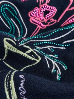 Bleu marine fleuri avec ornements - Pull super doux à manches longues à col rond