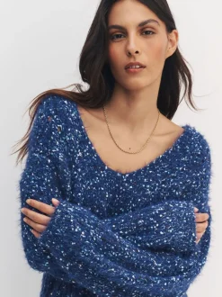 Bleu marine moucheté - Pull à Texture duveteuse à col en V