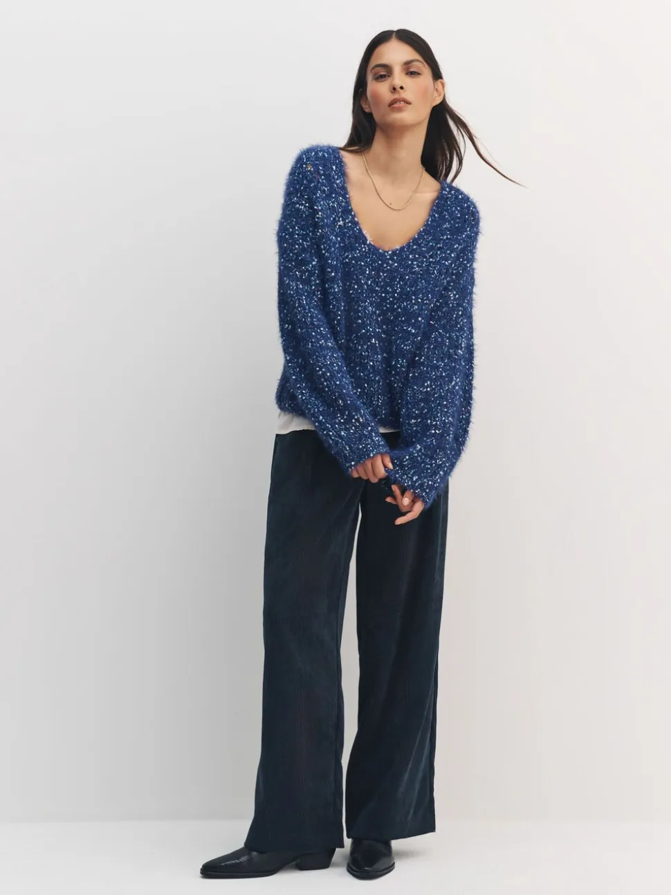 Bleu marine moucheté - Pull à Texture duveteuse à col en V