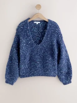 Bleu marine moucheté - Pull à Texture duveteuse à col en V