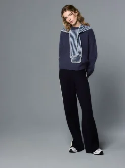 Bleu marine rayé - Pull en maille à bordure en dentelle avec écharpe