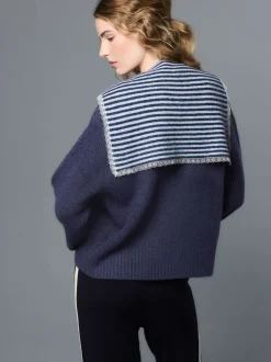 Bleu marine rayé - Pull en maille à bordure en dentelle avec écharpe