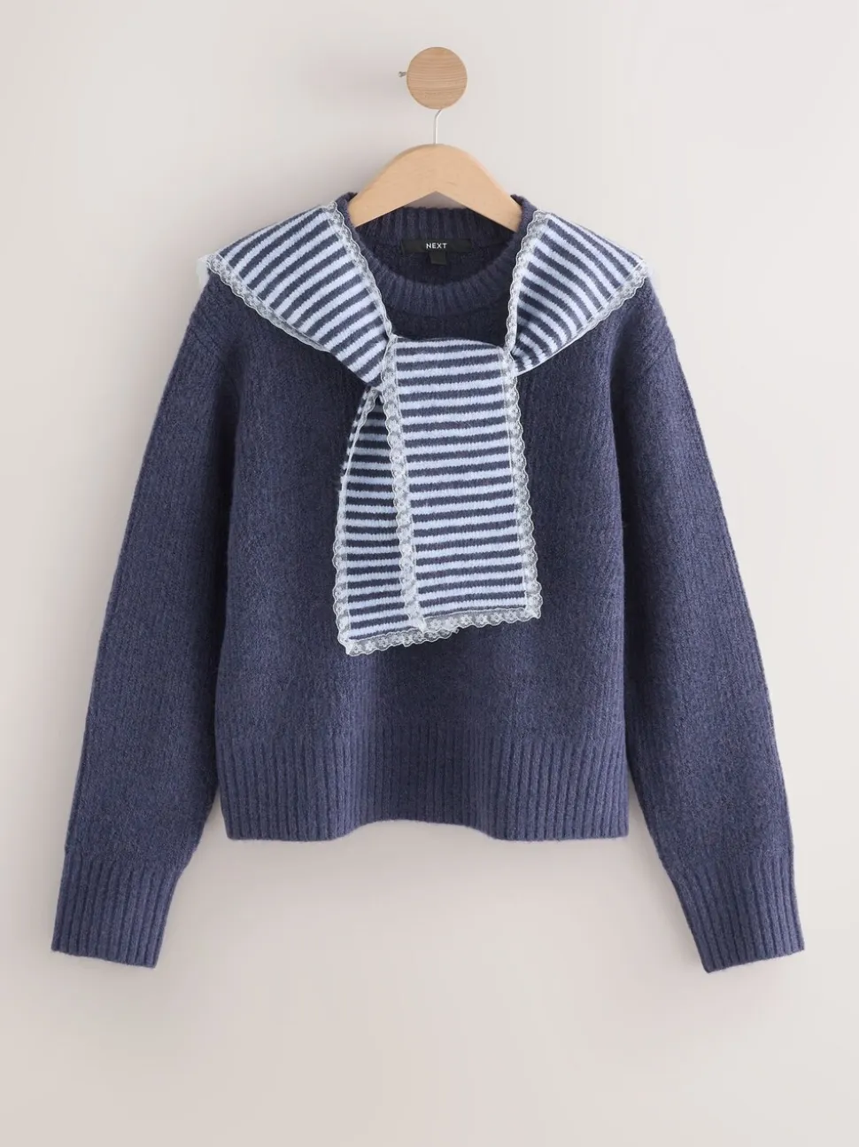 Bleu marine rayé - Pull en maille à bordure en dentelle avec écharpe