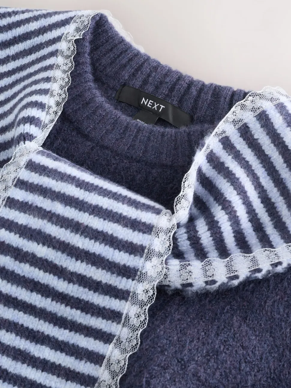 Bleu marine rayé - Pull en maille à bordure en dentelle avec écharpe